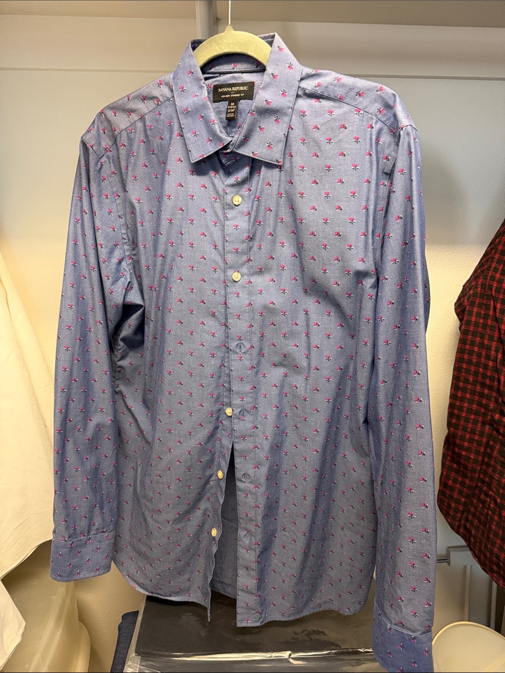 Banana Republic Blue Dress Shirt with Pink Micro Motif